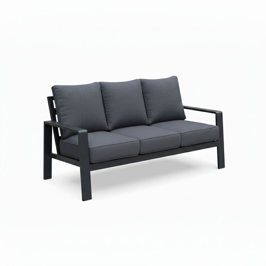 CasaFiora Noir Luxe outdoor lounge sofa set with premium all-weather cushions in a stylish outdoor setting.