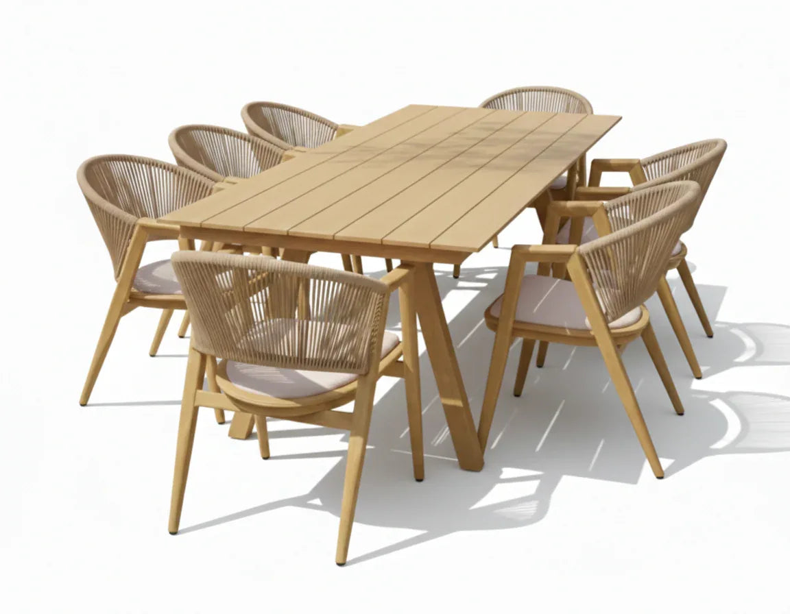 8-Seater Outdoor Dining Set - Aluminum Frame with WPC Table & Cushioned Chairs - The Outdoor Furniture Market 