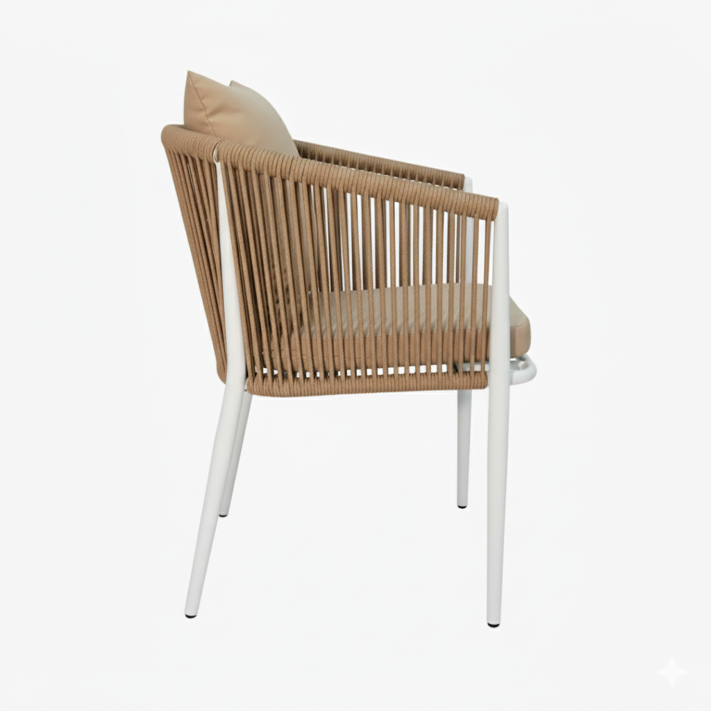 Casa Fiora outdoor aluminum rope dining chair with white frame and comfort cushion, ideal for patio or garden seating.