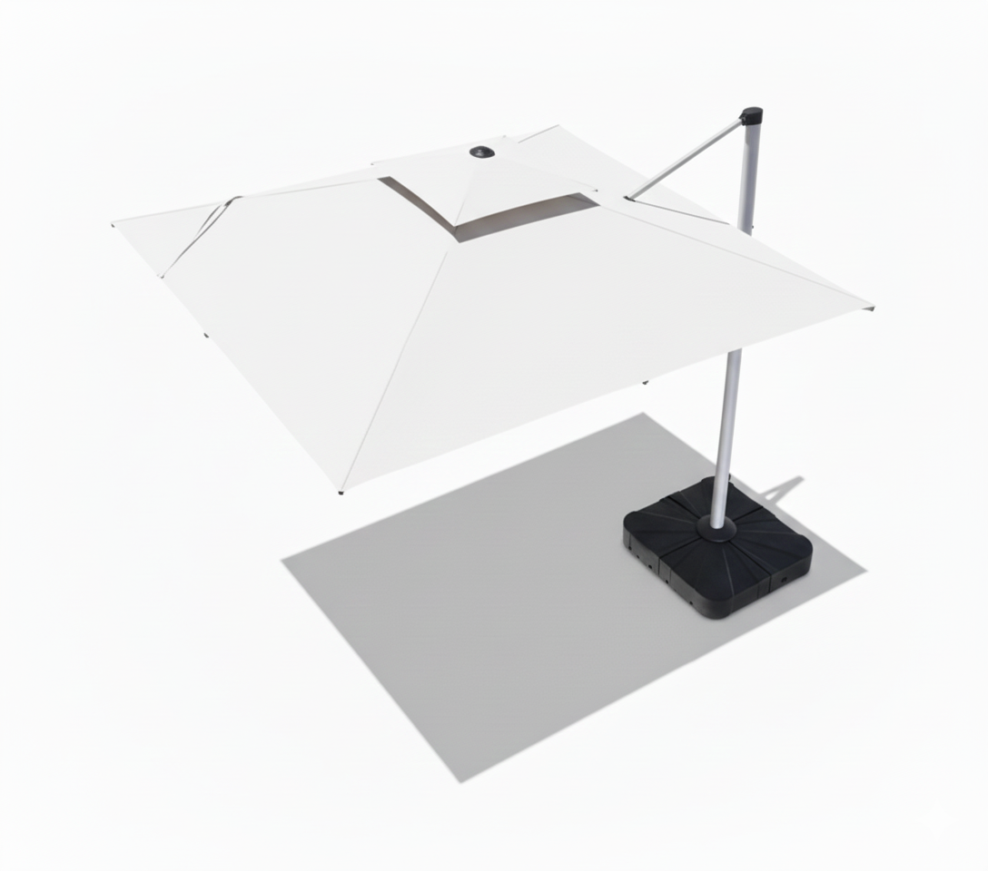 CasaFiora 3x3m cantilever outdoor umbrella with solar LED lights and water base in white, set in a garden.