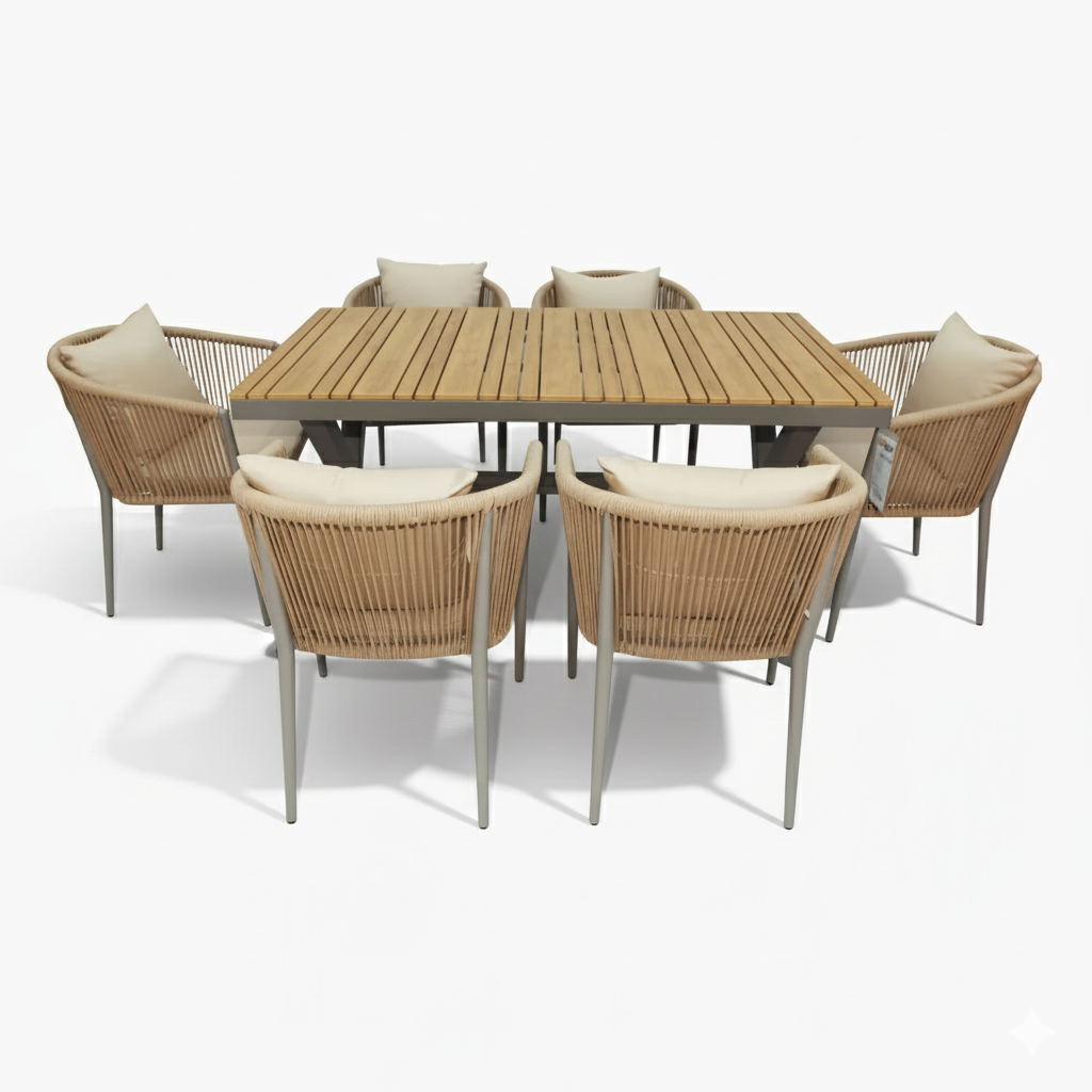 Casa Fiora EliteLine 6-seater outdoor dining set with aluminum and WPC table, chairs, and premium cushions in a stylish backyard setup.