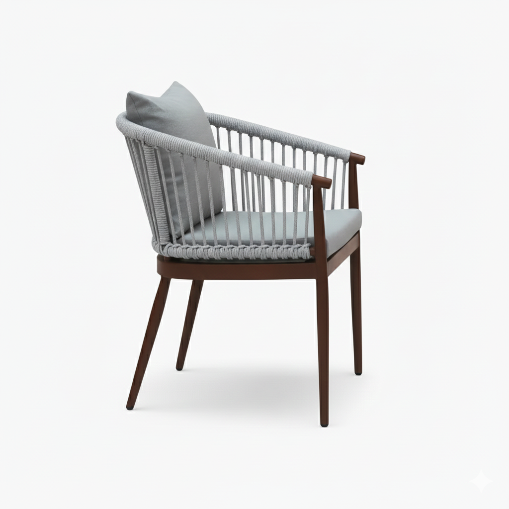 Casa Fiora outdoor aluminum chair with gray cushion and wooden-colored frame, ideal for patio or garden seating.