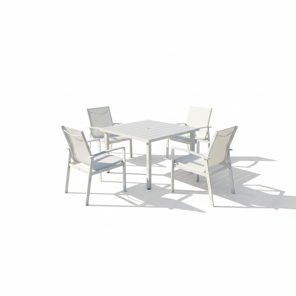 Contemporary White Aluminum Outdoor Dining Set – 4 Seater