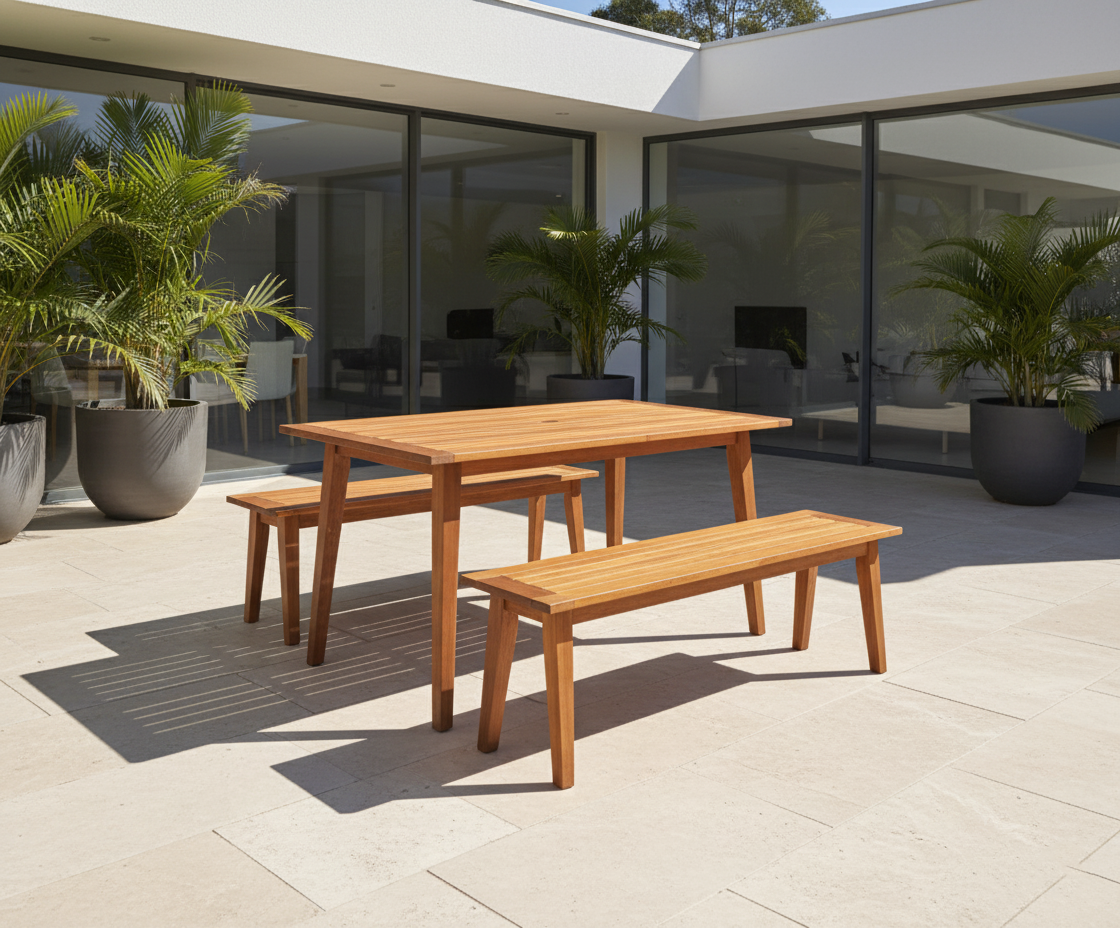 Acacia Wood Outdoor Dining Table & Bench Set