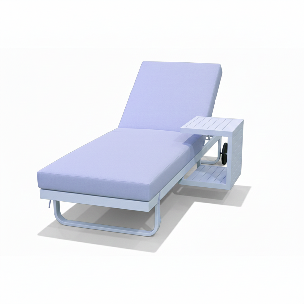 CasaFiora AzureLuxe™ white aluminum sun lounger with integrated side table in a stylish outdoor setting.