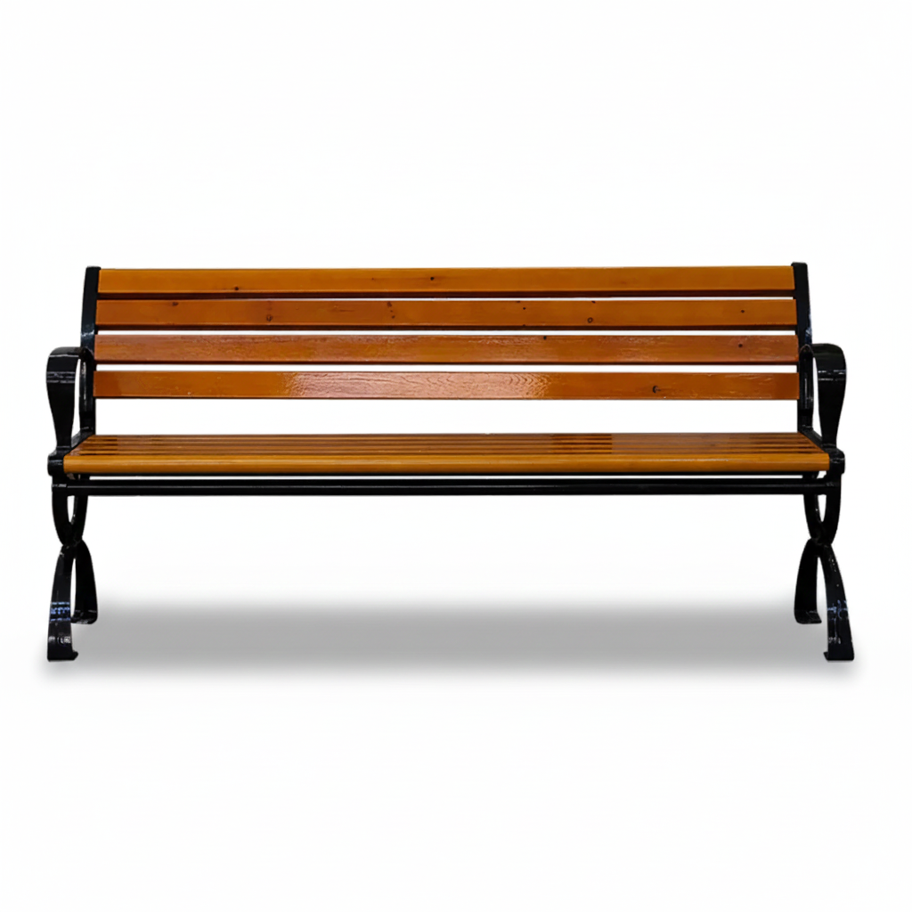 Wood garden bench with backrest, Casa Fiora design, showcasing natural wood grain and outdoor setting.