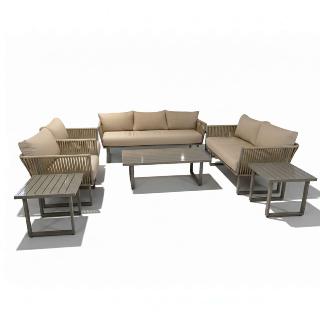 7-seater outdoor aluminum lounge set by Casa Fiora, featuring plush cushions and modern design in a garden setting.