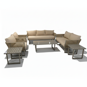 7-seater outdoor aluminum lounge set by Casa Fiora, featuring plush cushions and modern design in a garden setting.