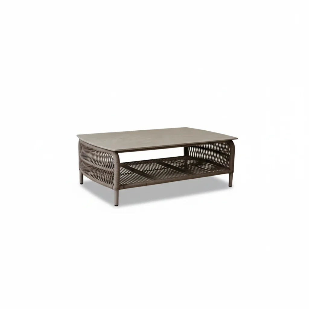 Aluminium 5-seater outdoor sofa set with rope detail, taupe and stone cushions, includes low-profile coffee table, modern backyard setup.