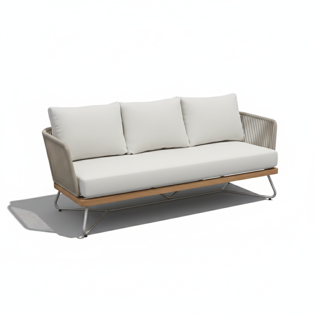 7-seater aluminum outdoor lounge set by Casa Fiora, featuring plush cushions and a modern design in a garden setting.