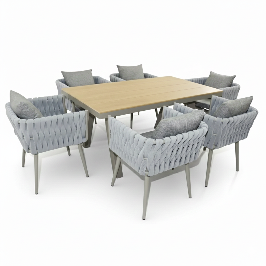Casa Fiora luxury aluminum and WPC 6-seater outdoor dining set with cushioned chairs, perfect for patio dining.