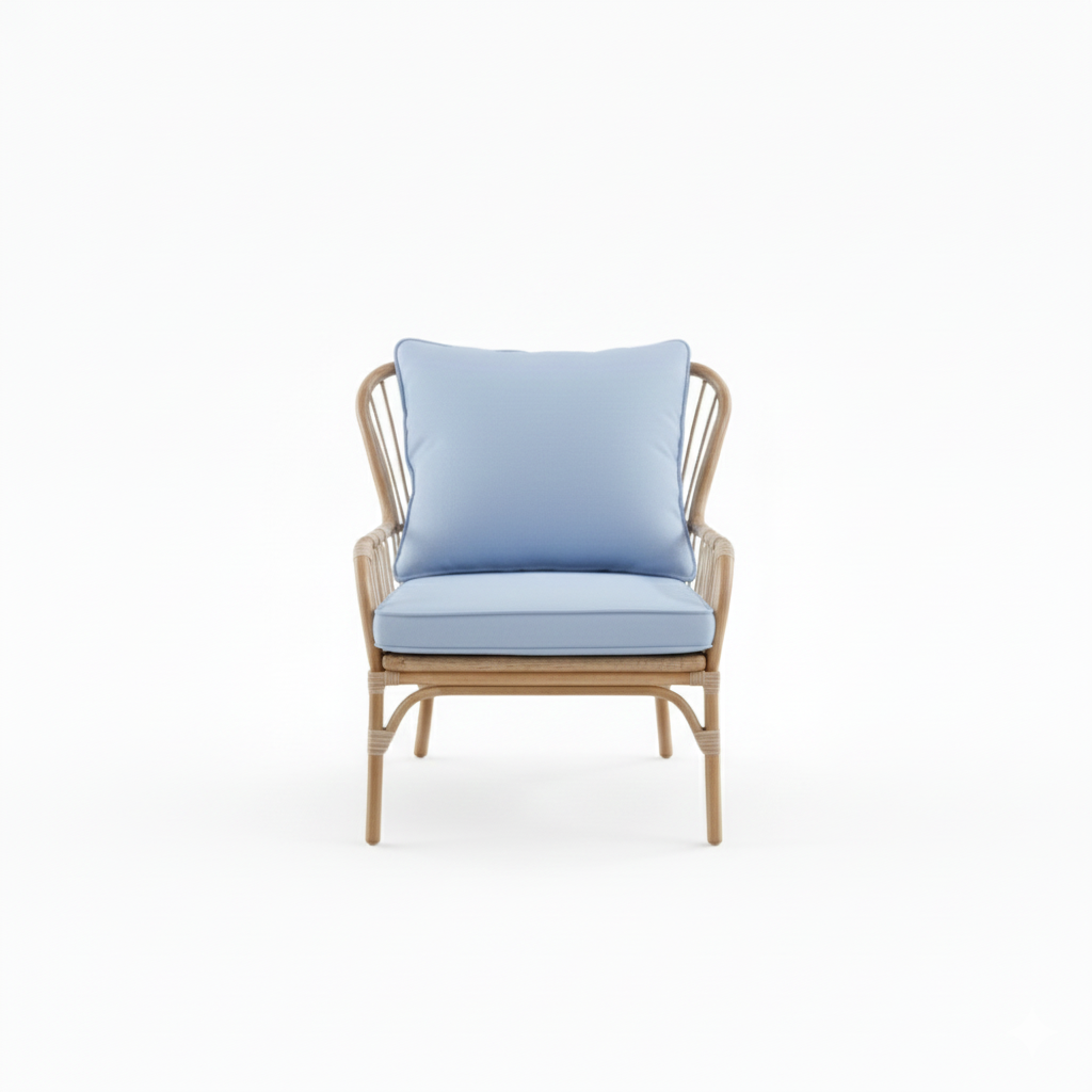 4 seater Casa Fiora aluminium wood lounge set with blue cushions in outdoor setting.