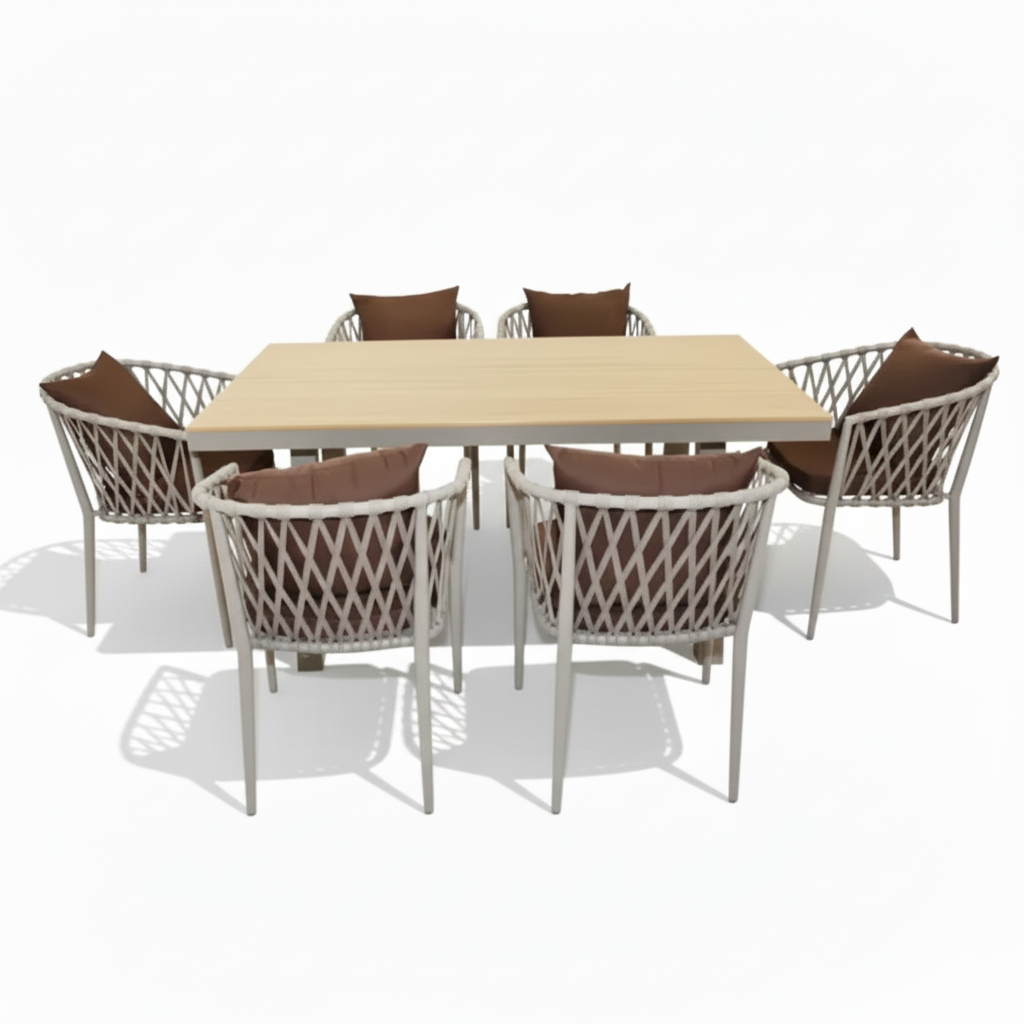 Modern Aluminum WPC Outdoor Dining Set with Cushioned Chairs – 6 Seater