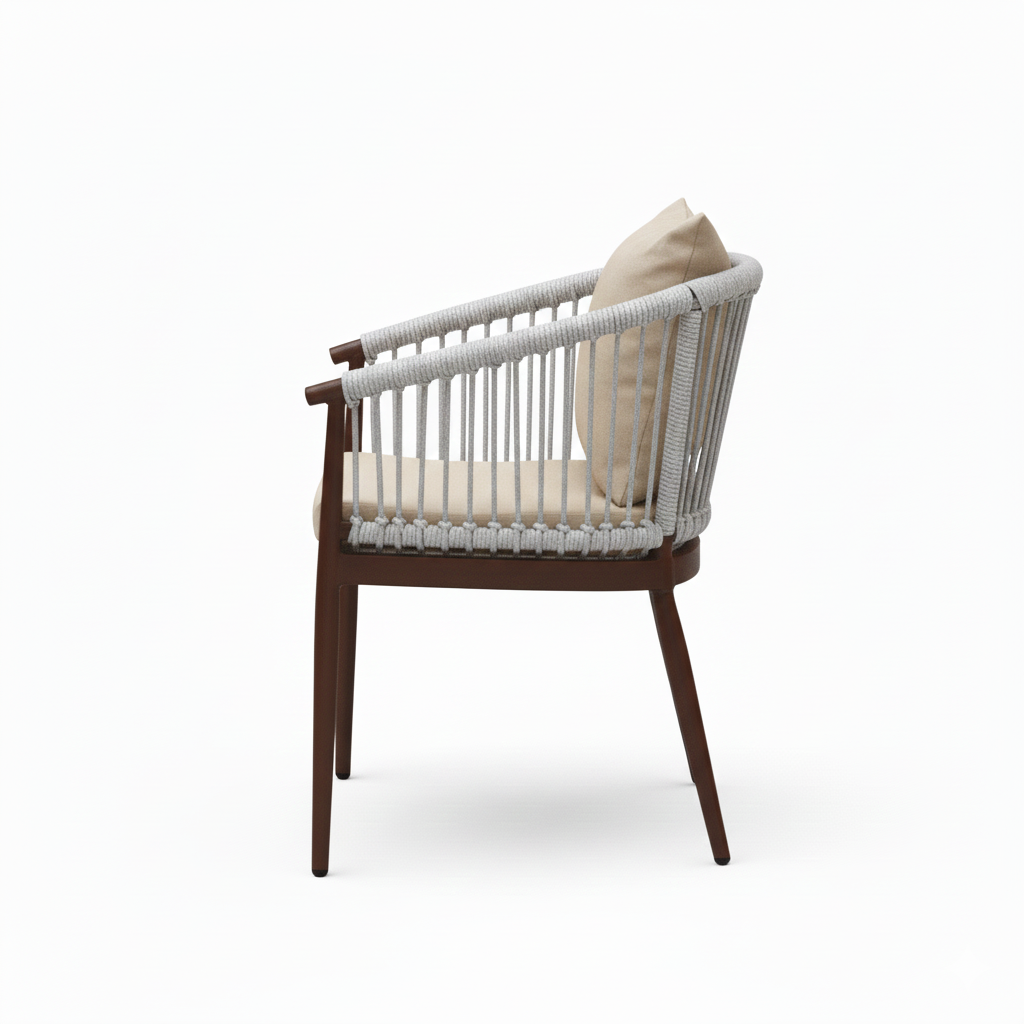 Casa Fiora outdoor aluminum chair with beige cushion and wooden color frame, ideal for patio or garden seating.