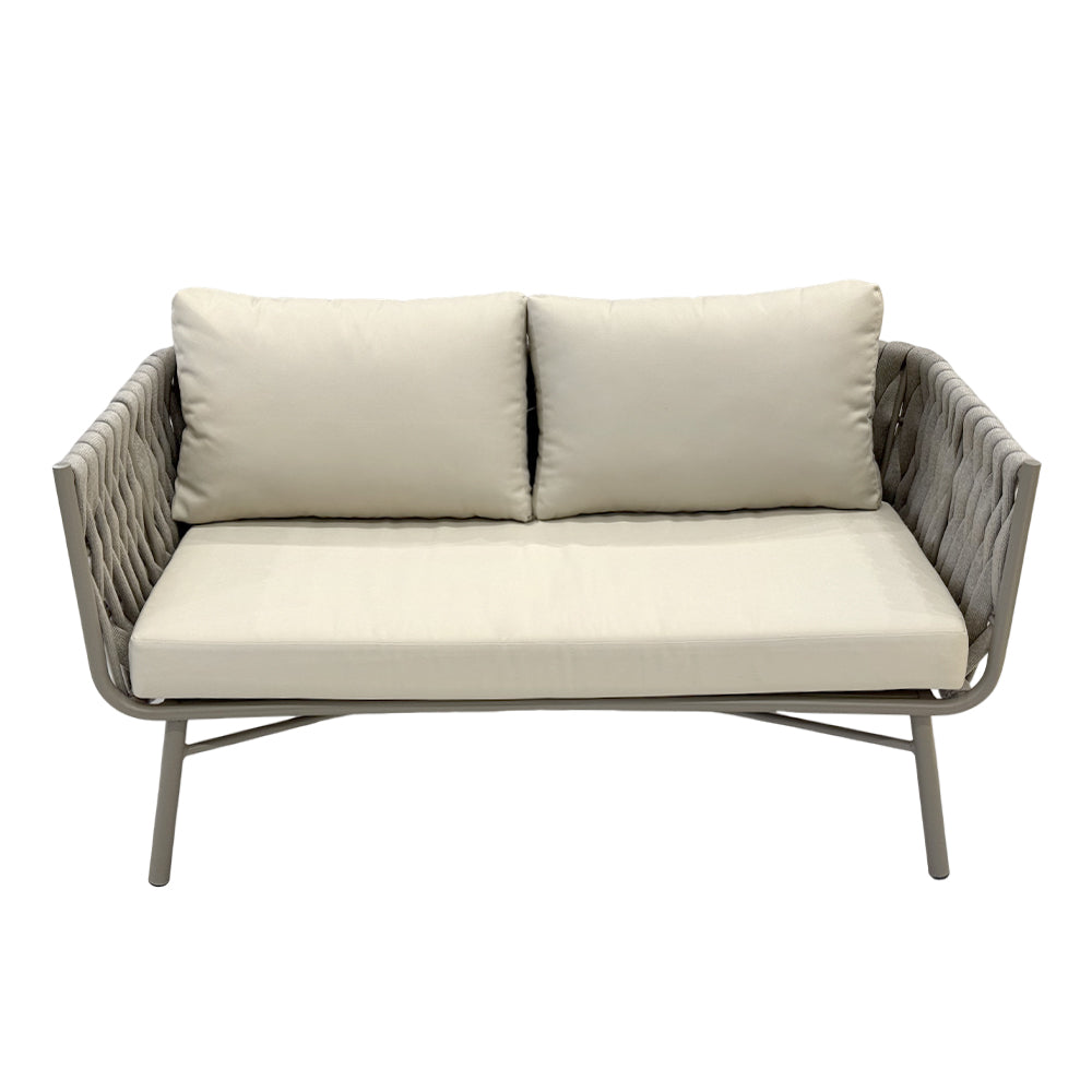 Casa Fiora 2-seater sofa with woven rope design and durable aluminum frame, perfect for outdoor or modern living spaces.