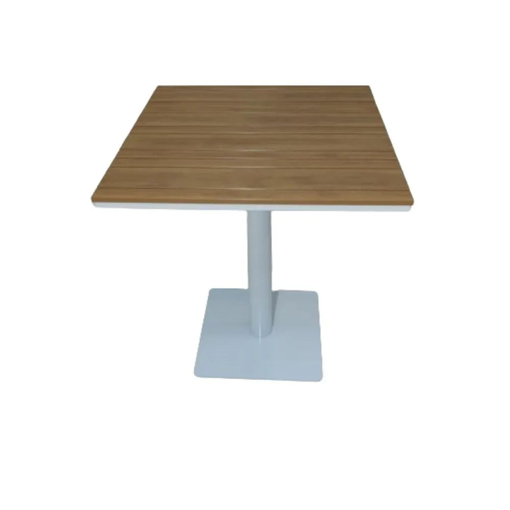 modern square outdoor bistro table with a wood-look top and a single pedestal base