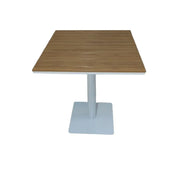 modern square outdoor bistro table with a wood-look top and a single pedestal base