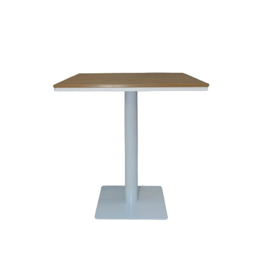 modern square outdoor bistro table with a wood-look top and a single pedestal base