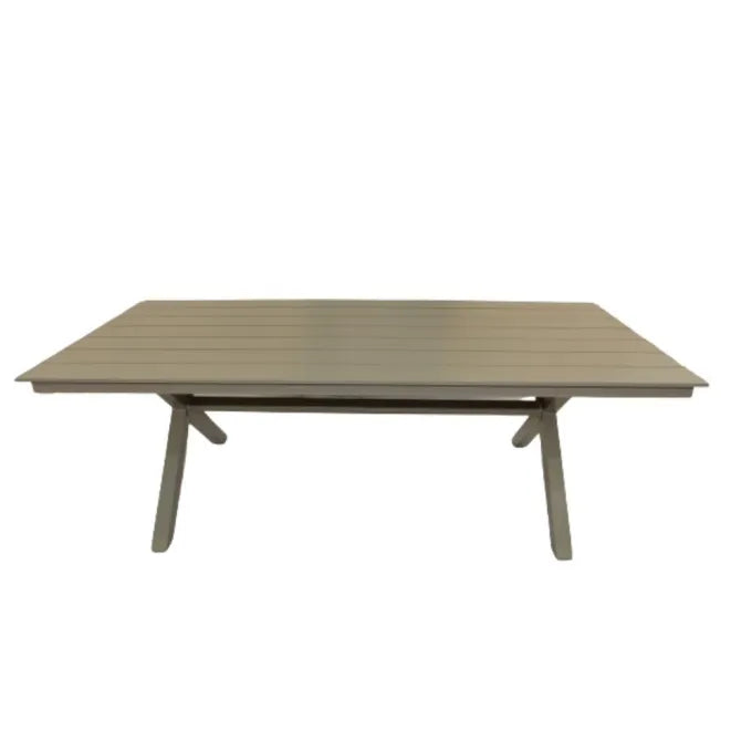 Casa Fiora LuxeLine aluminum rectangular garden dining table with seating for eight, modern outdoor furniture for garden or patio use.