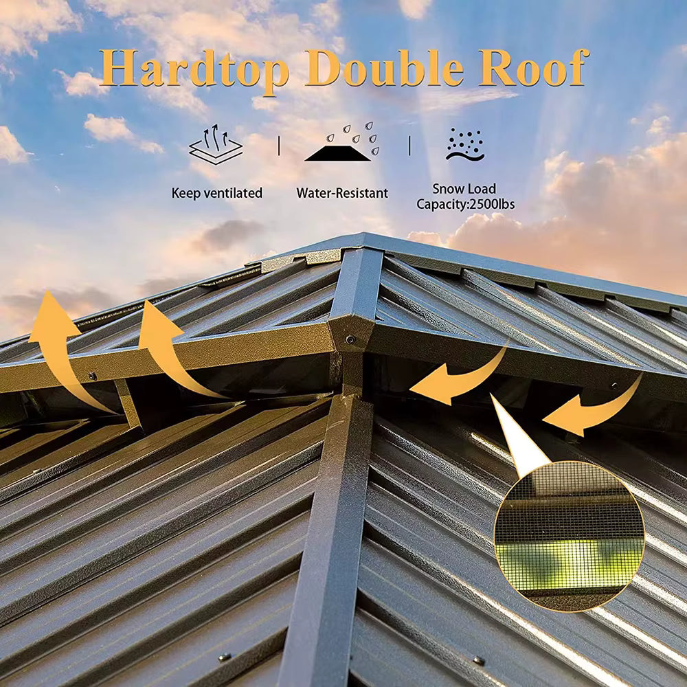 Double Roof Aluminium Gazebo with Sliding Doors | Matte Brown | 3.65m x 4.85m | 3.65m x 6m