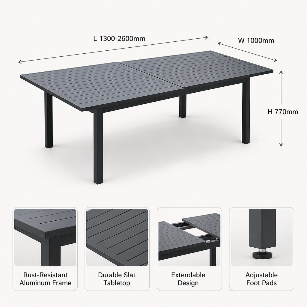 Extendable Aluminium Outdoor Dining Table & 8 Stacking Chairs | 6 to 8 Seater | Black