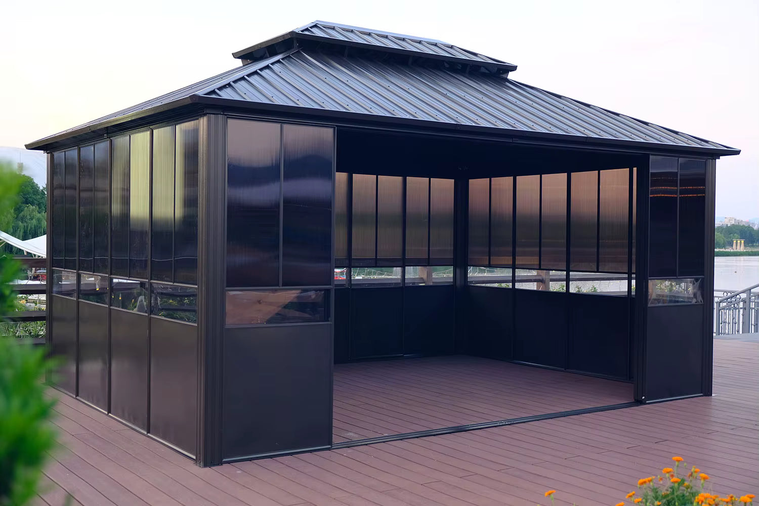 Double Roof Aluminium Gazebo with Sliding Doors | Matte Brown | 3.65m x 4.85m | 3.65m x 6m