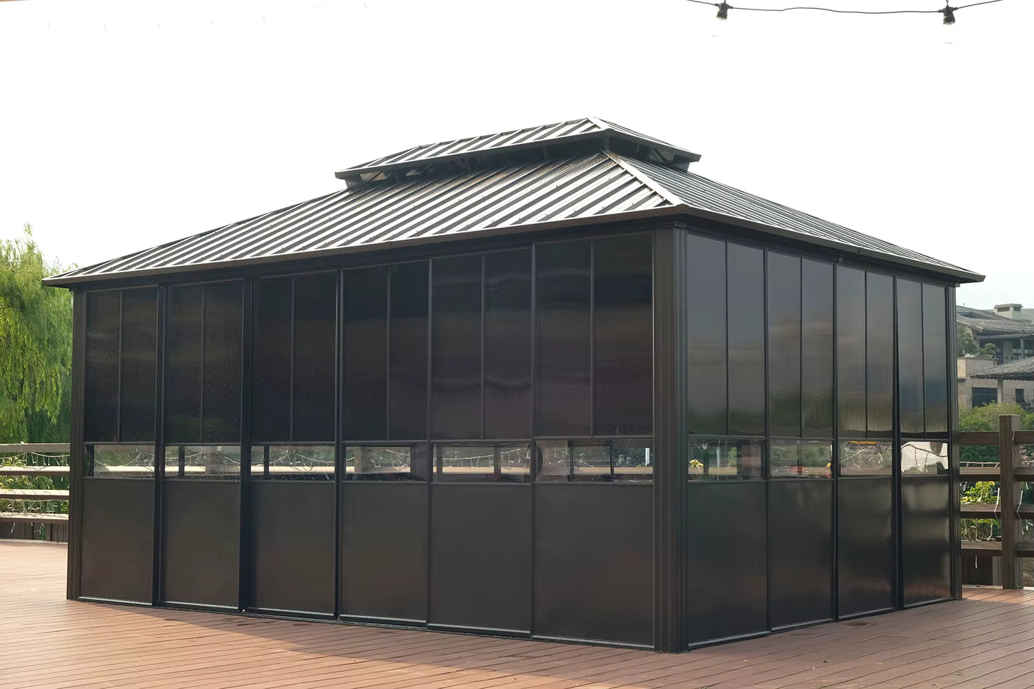 Double Roof Aluminium Gazebo with Sliding Doors | Matte Brown | 3.65m x 4.85m | 3.65m x 6m