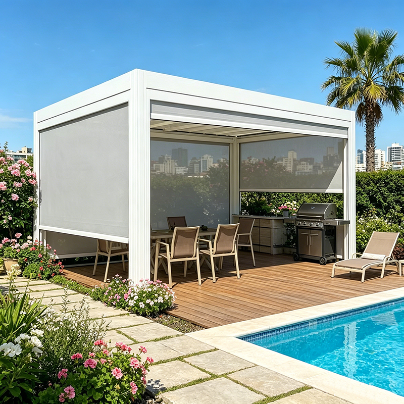 luxury 3x4m gazebo with wind-resistant roller blinds, outdoor gazebo and pergola by The Outdoor Furniture Market.