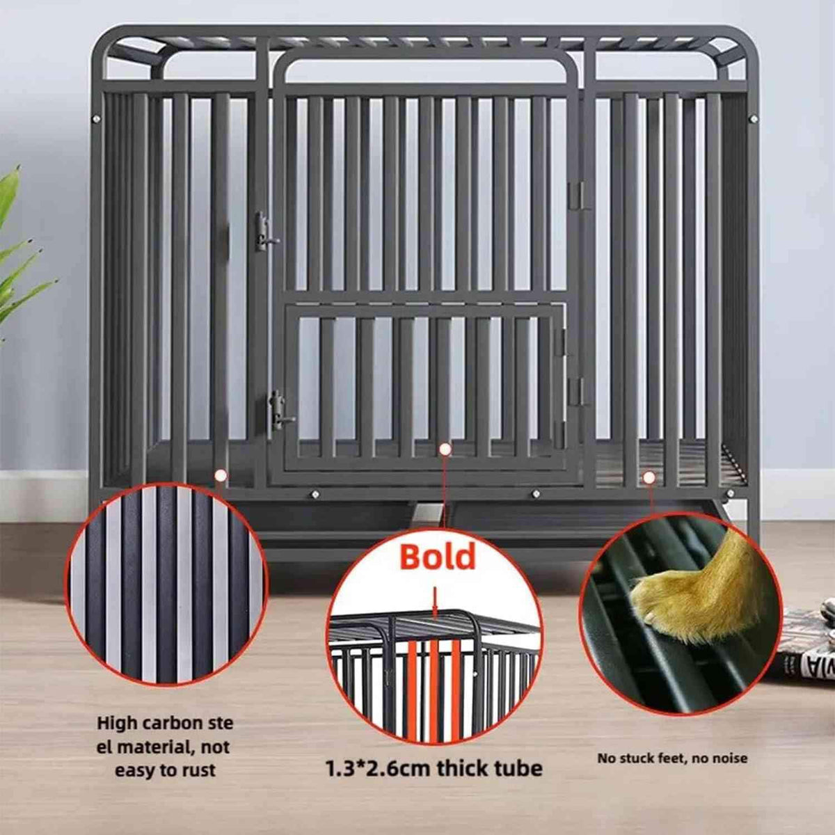 Heavy Duty Dog Crate - 37 Inch Large Metal Dog Crate with 2 Doors and 4 Wheels, Full Square Tube Kennel for Large and Medium Dogs, Removable Tray