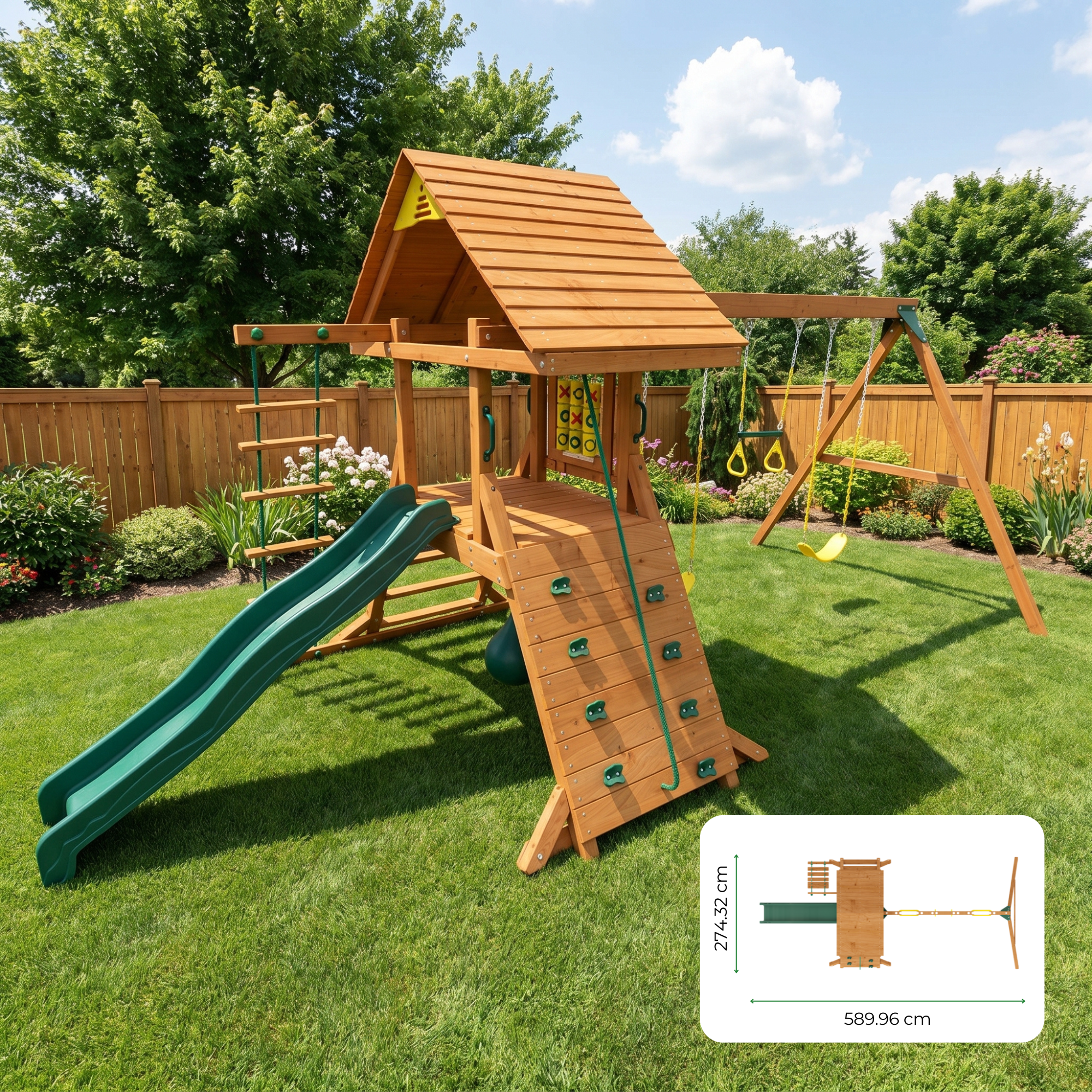 Kiddoro Hilltop Heights Swing Set for kids, outdoor playset with swings and climbing features, colorful and sturdy for outdoor fun.