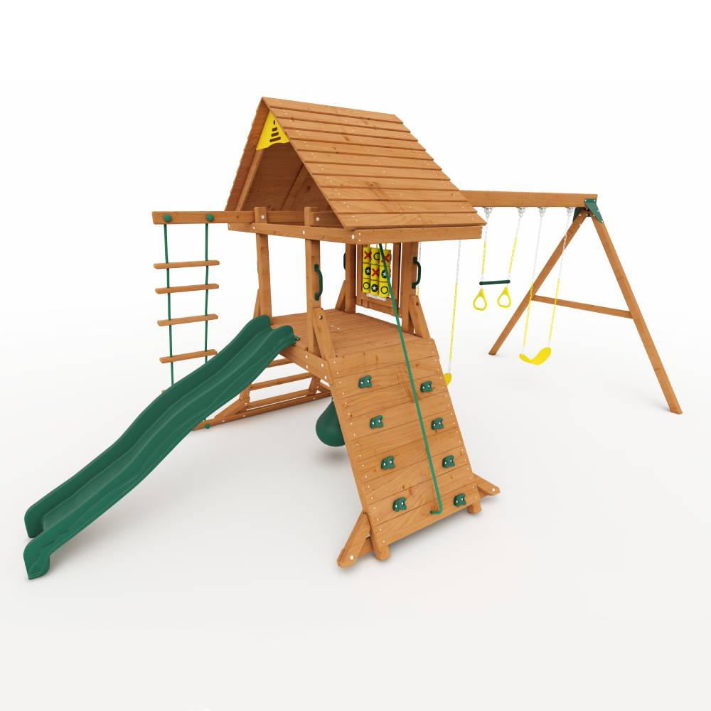 Kiddoro Hilltop Heights Swing Set for kids, outdoor playset with swings, slide, and climbing features in a backyard setting