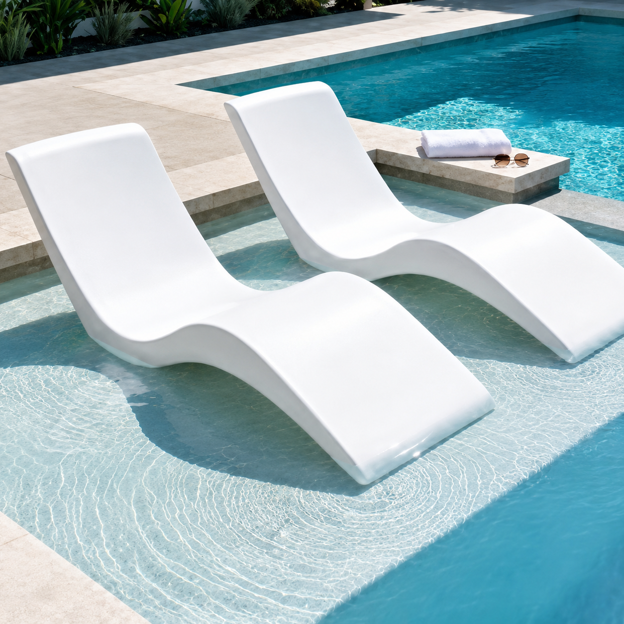 In-pool sun lounger in white, made of waterproof, UV-resistant HDPE, perfect for tanning ledges and relaxation.
