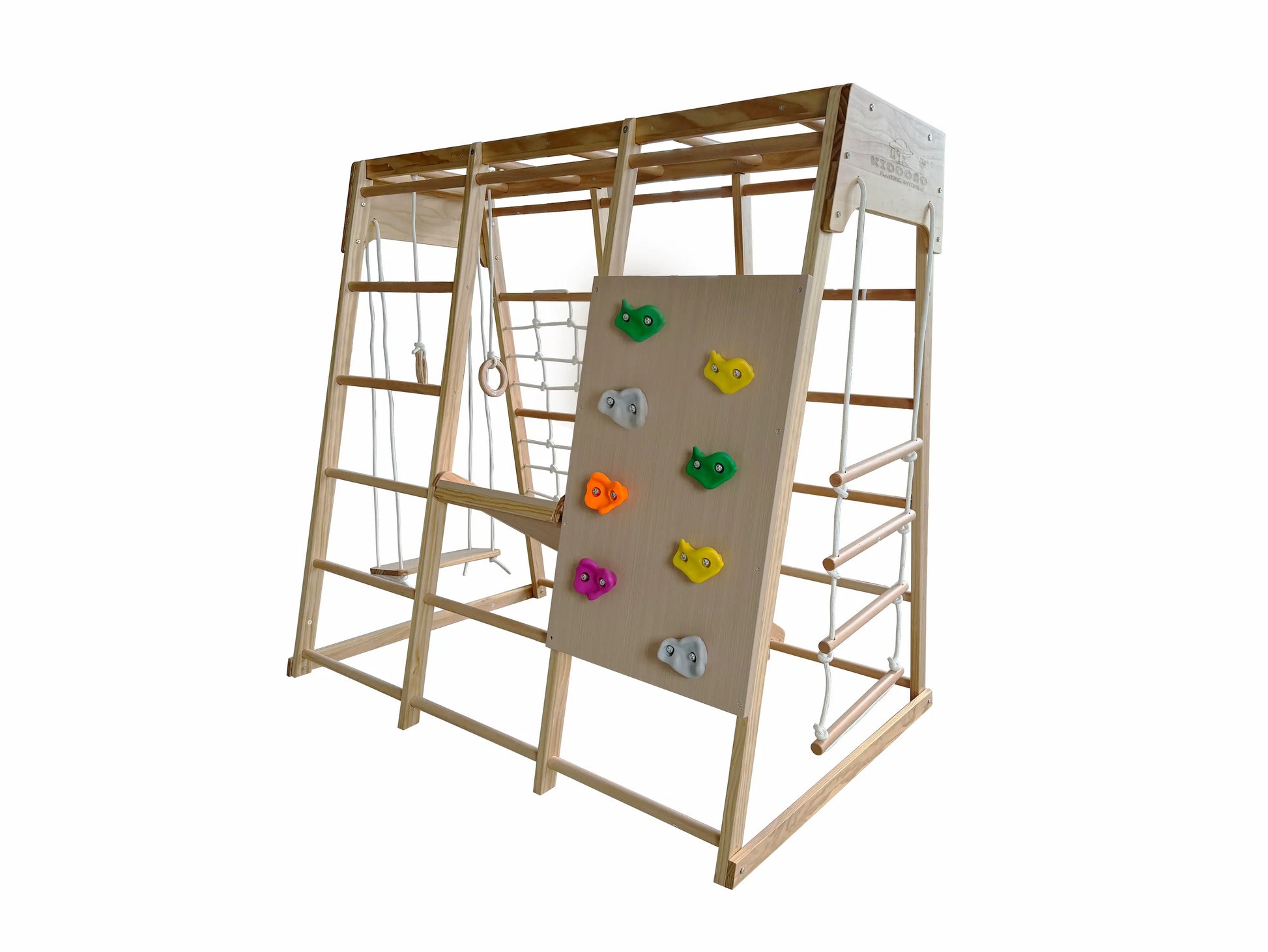 Kiddoro Cheerful Climber kids outdoor playset with swings, slides, and climbing features in a colorful backyard setting