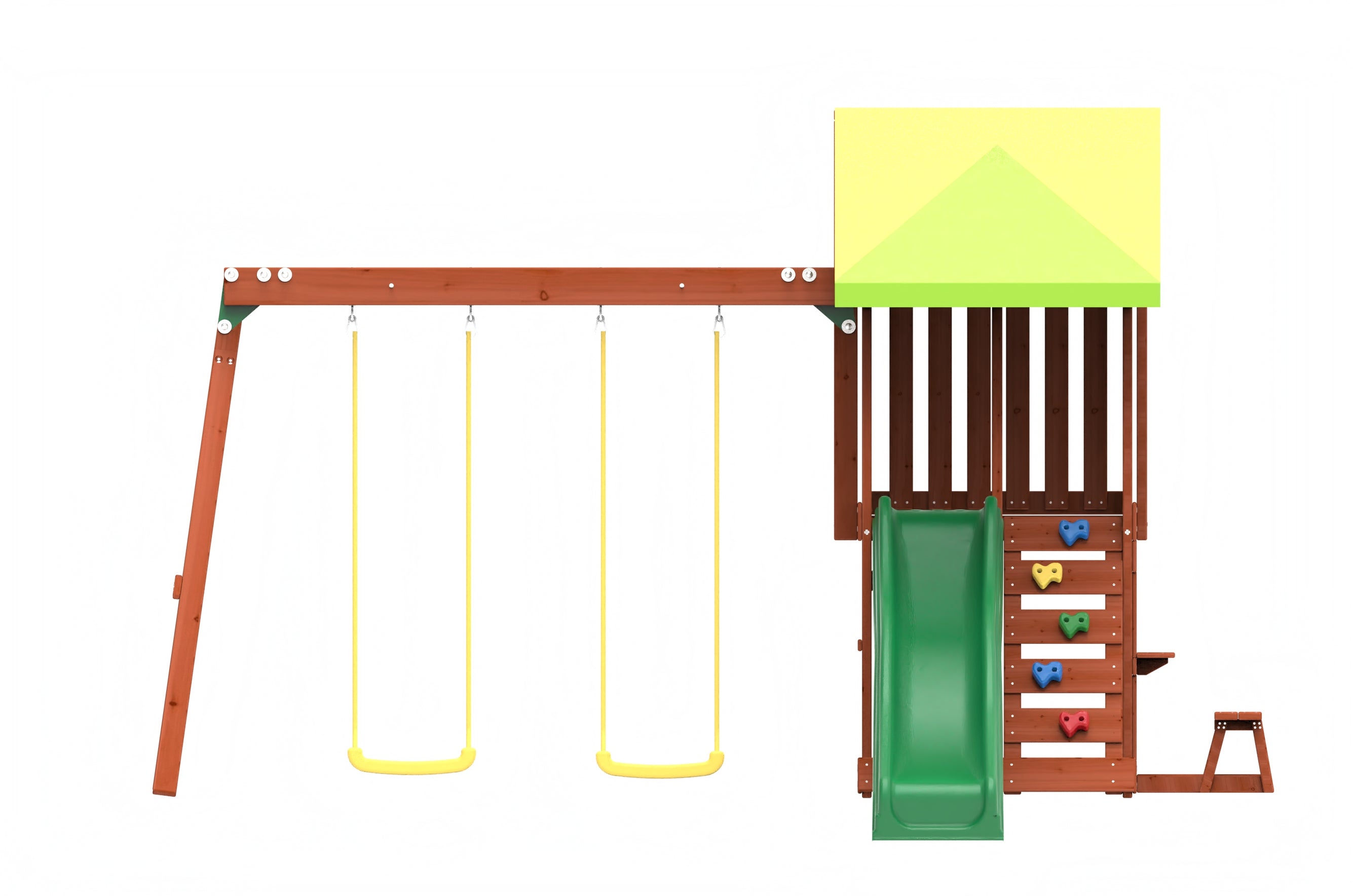 Kiddoro Mighty Jungle Gym outdoor swing set for kids with slides, swings, and climbing features in a colorful backyard play area.