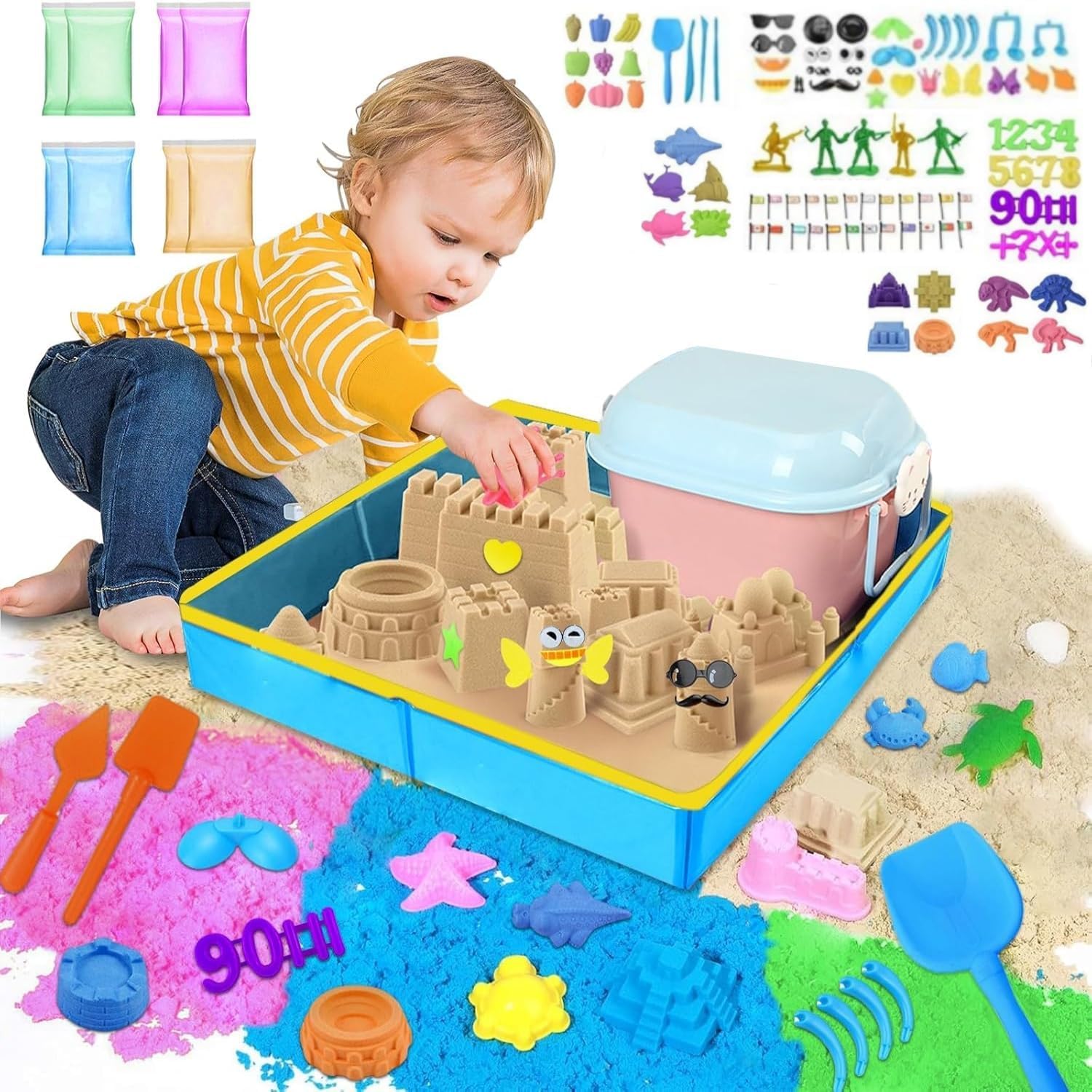 DMG Play Sand, 6 Pcs Molds, Shape does not scatter, more delicate, does not stick to the hand, Kid's Non Toxic Soft Playsand, Moulding and Creating for Kids Indoors, Outdoors Activity(Sand color)
