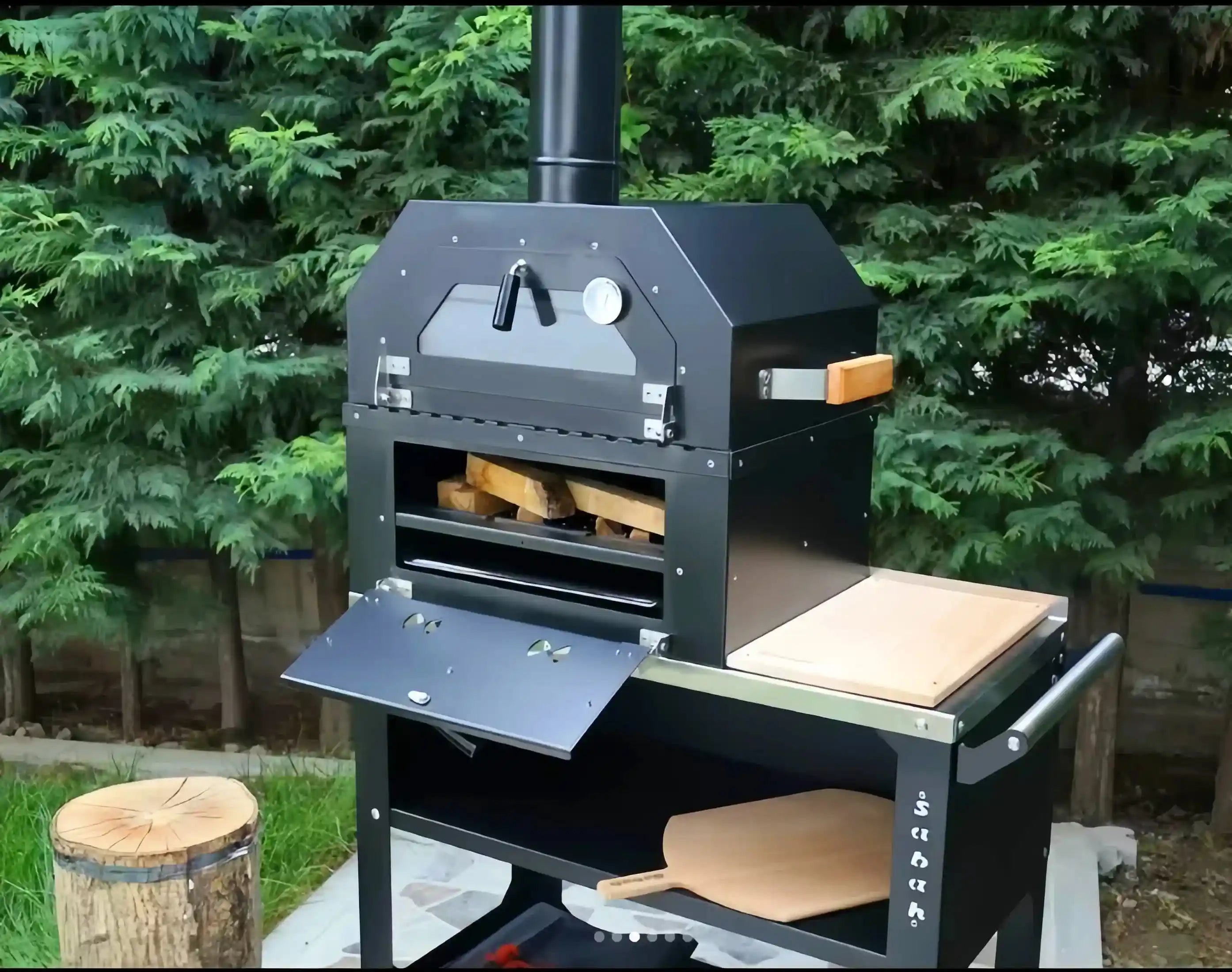 kitchen pizza oven charcoal BBQ grill with two storage levels, showcasing a sleek design and ample cooking space.