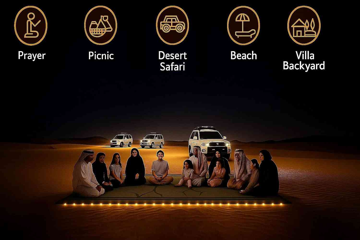 Camping Mat with LED Lights – Portable Outdoor Camping Mat with Edge Lighting | Desert, Wadi & Backyard Use | Foldable, Easy-Clean, Battery Operated & Durable (Khaki Cloud, 270x360)