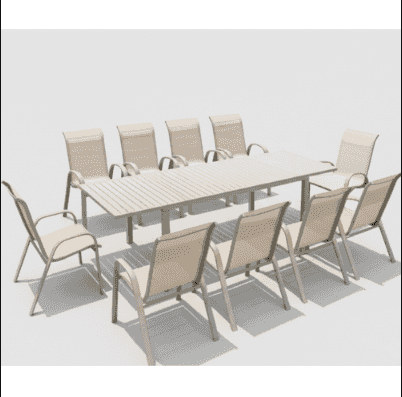 Large outdoor dining set with aluminum frame, includes table and chairs, perfect for patio or backyard gatherings.