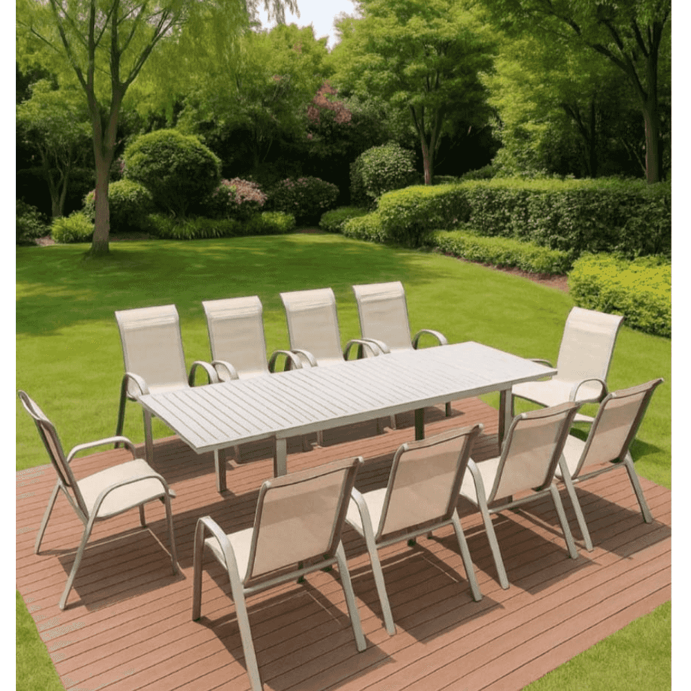 Large outdoor dining set with aluminum frame from The Outdoor Furniture Market, featuring a spacious table and matching chairs for patio dining.