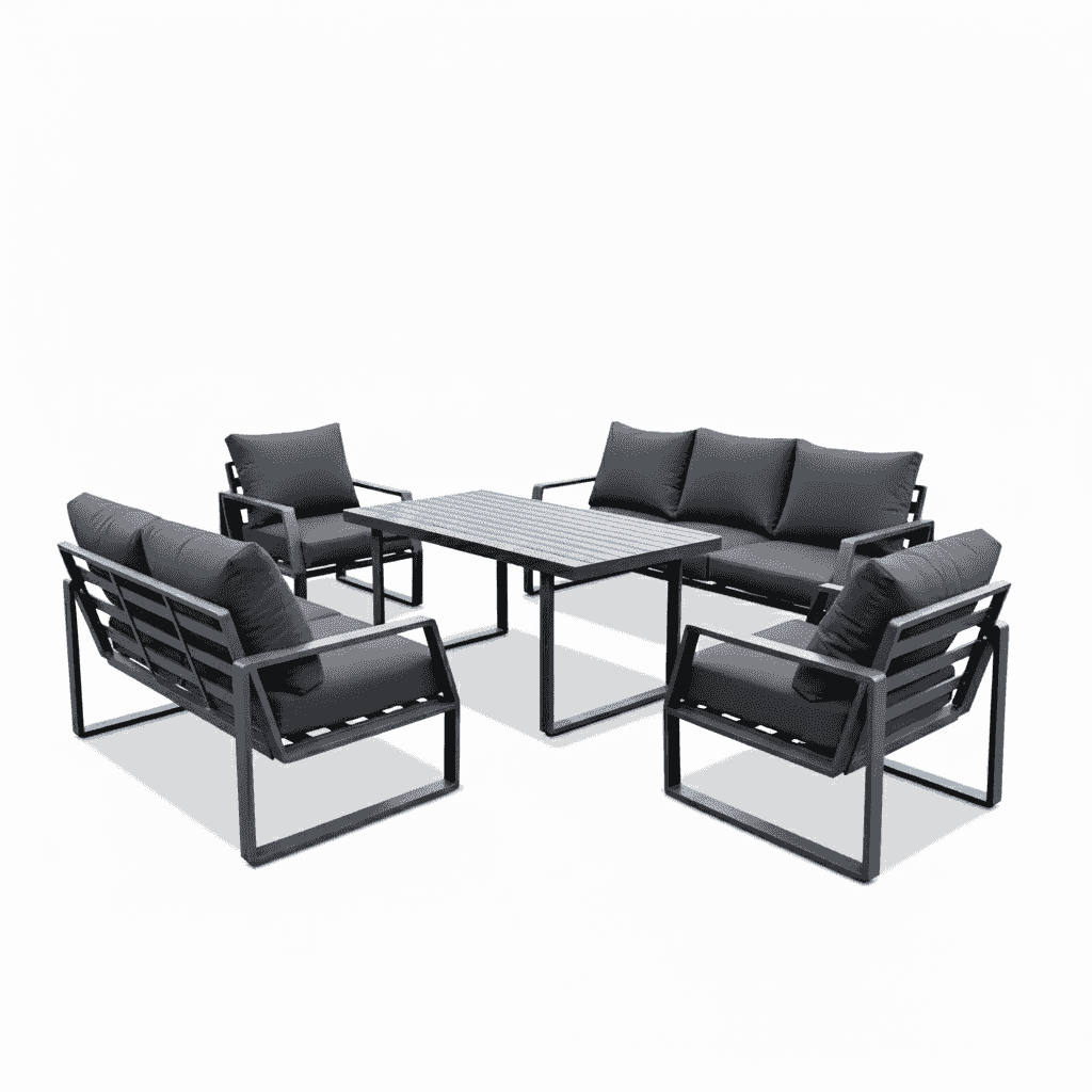 Luxurious 7-seater outdoor sofa set with black plush cushions and aluminum frame by The Outdoor Furniture Market.