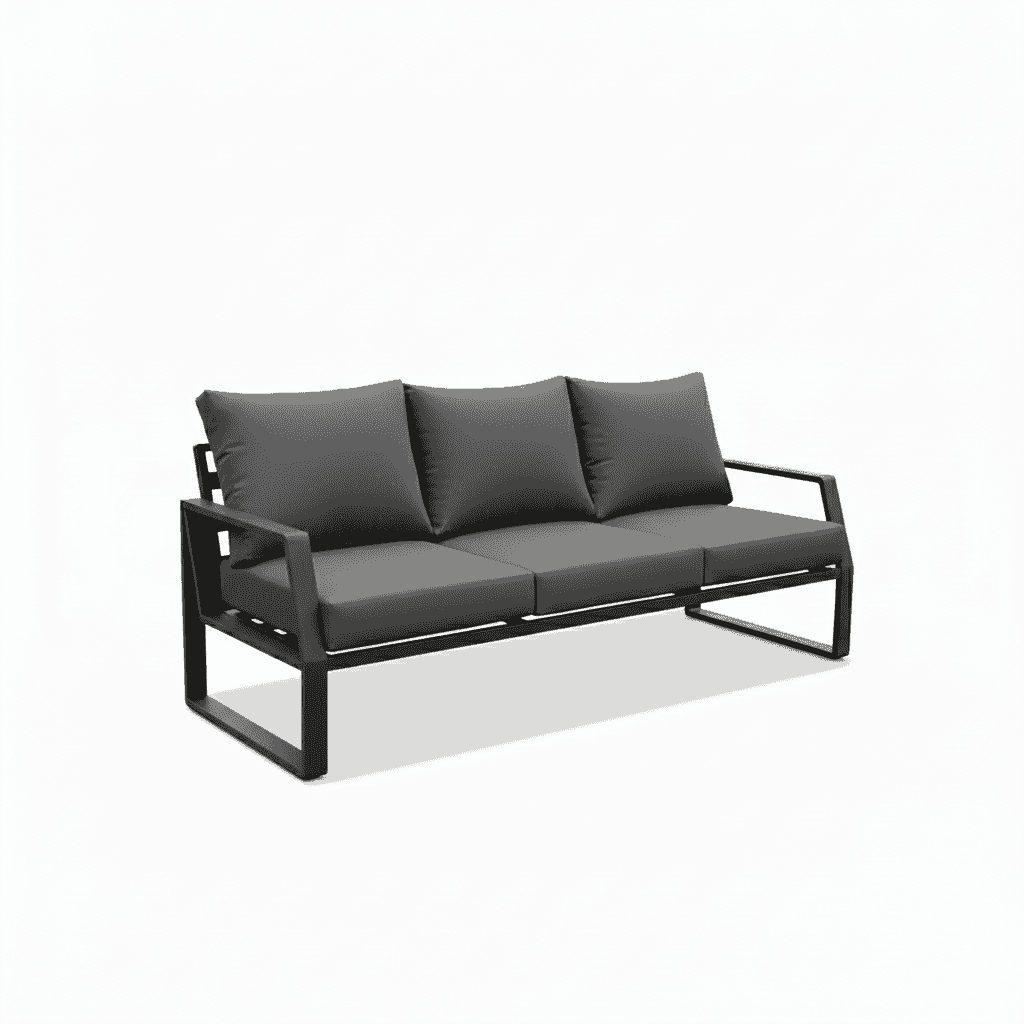 Luxurious 7-seater outdoor sofa set with black plush cushions and aluminum frame by The Outdoor Furniture Market