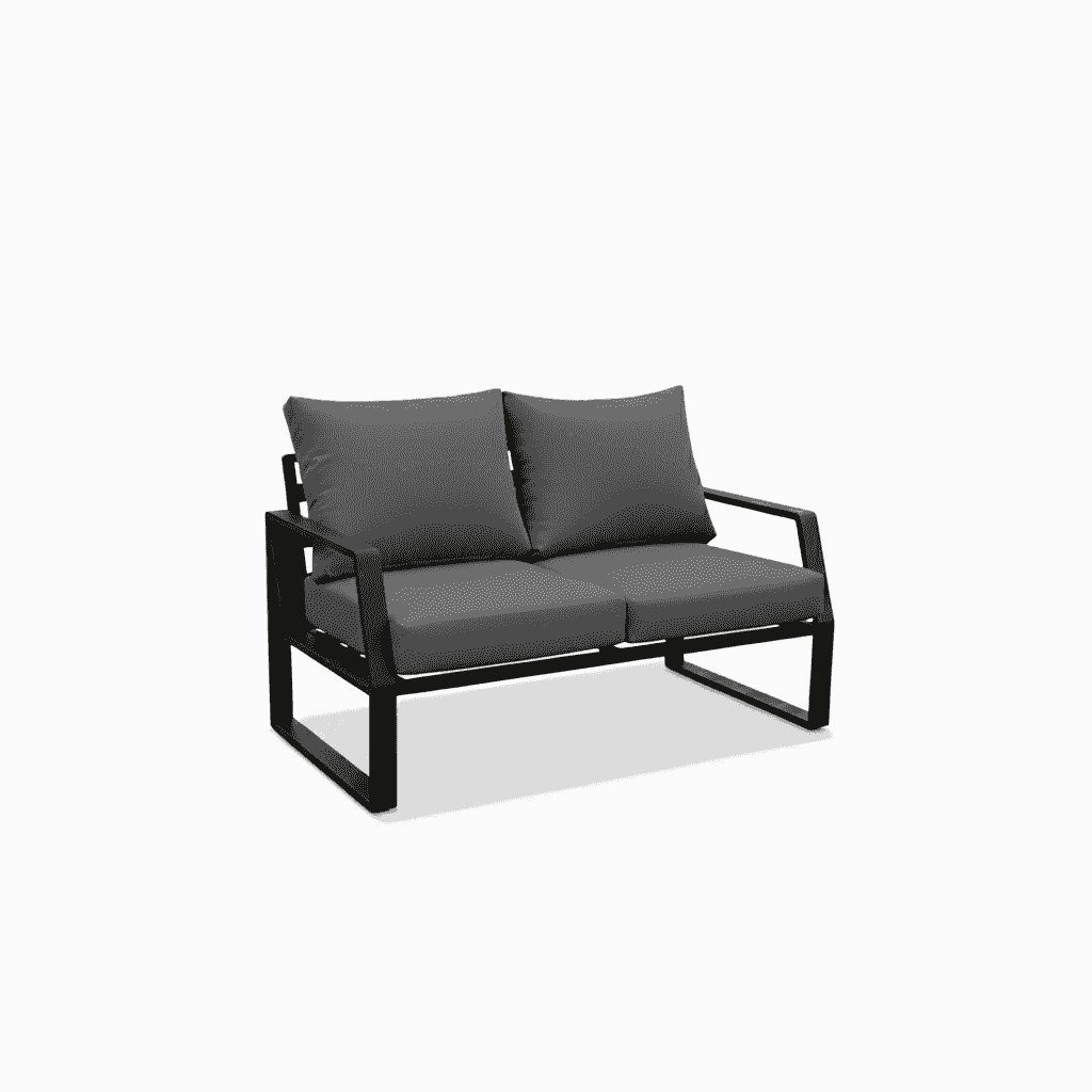 Black 7-seater outdoor sofa set with plush cushions and aluminum frame by The Outdoor Furniture Market, perfect for patio seating.