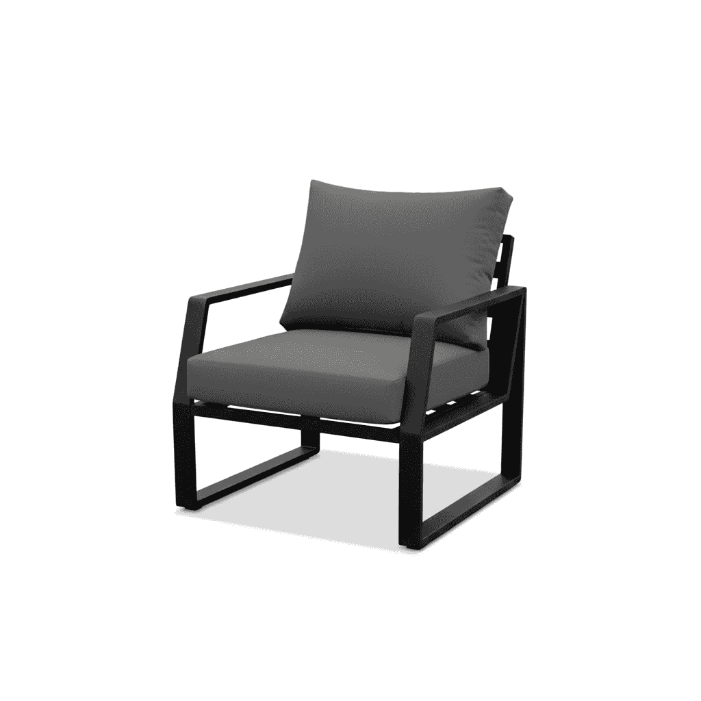 Luxurious 7-seater outdoor sofa set with black plush cushions and aluminum frame by The Outdoor Furniture Market.