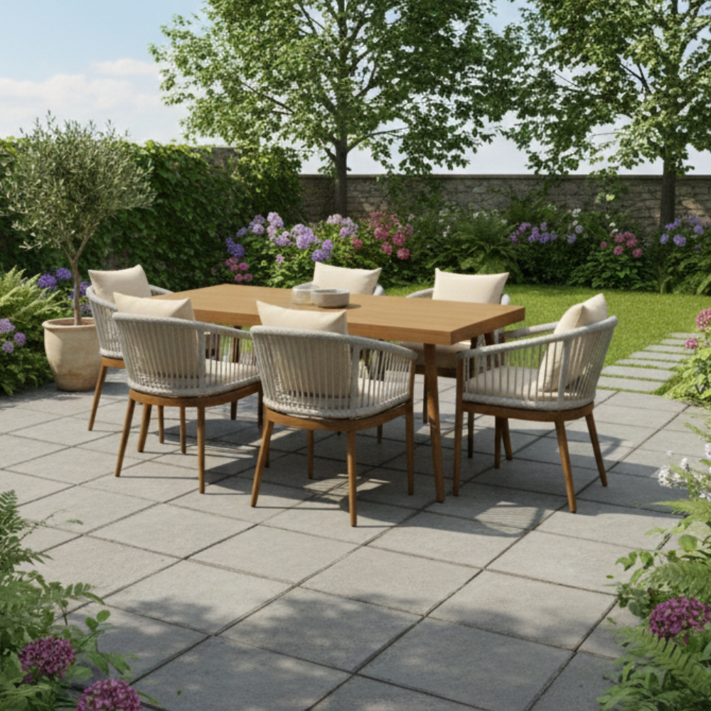 Luxurious Aluminum Frame WPC 6-Seater Outdoor Dining Set with Cushions for Balcony and Backyard