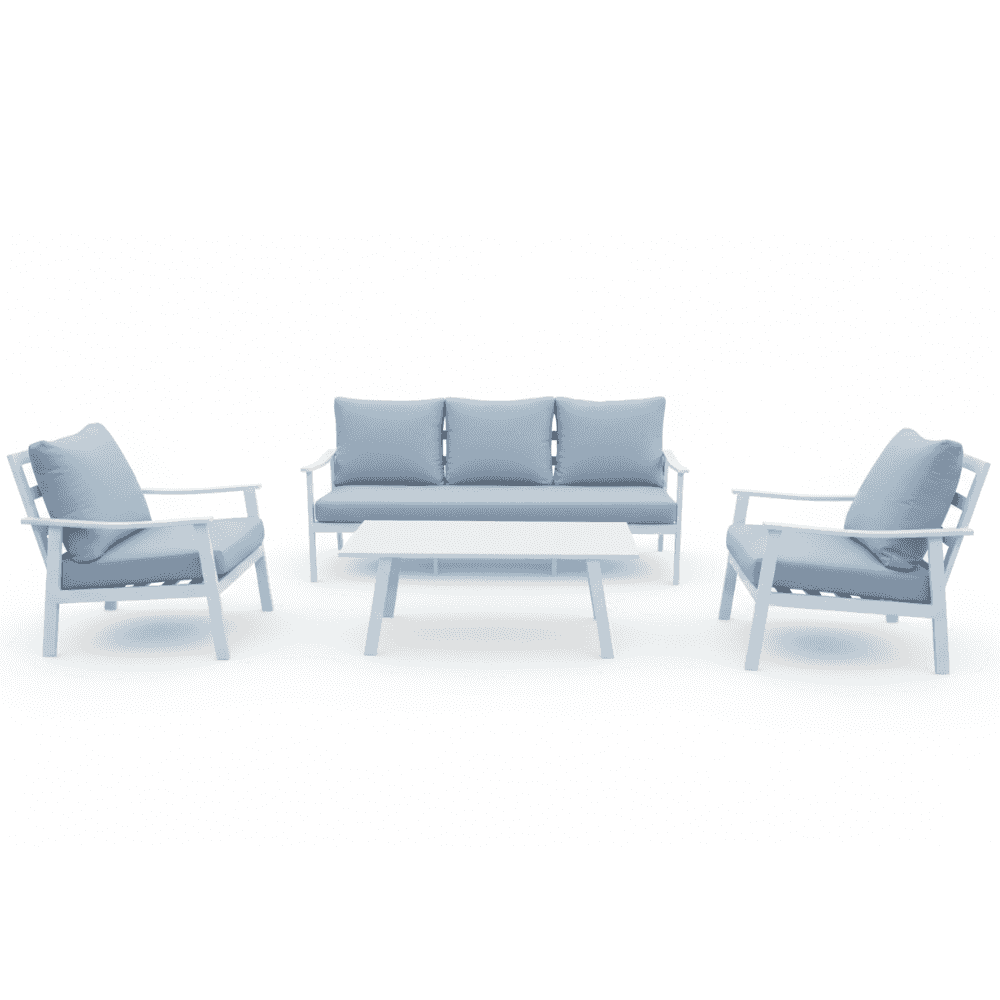 White aluminum outdoor sofa set by The Outdoor Furniture Market, featuring cushioned seats and a modern patio design.
