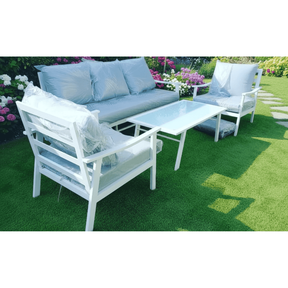 White aluminum outdoor sofa set by The Outdoor Furniture Market, featuring plush cushions and modern design for outdoor lounging.