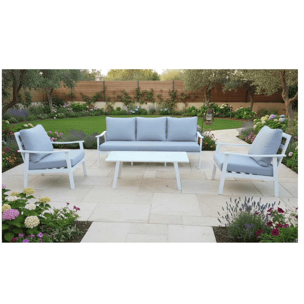 White aluminum outdoor sofa set by The Outdoor Furniture Market with plush cushions and modern design, ideal for patio lounging.