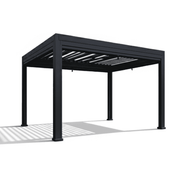 luxury 3x4m grey pergola with wind-resistant roller blinds, showcasing durable frame and shaded area for outdoor comfort.