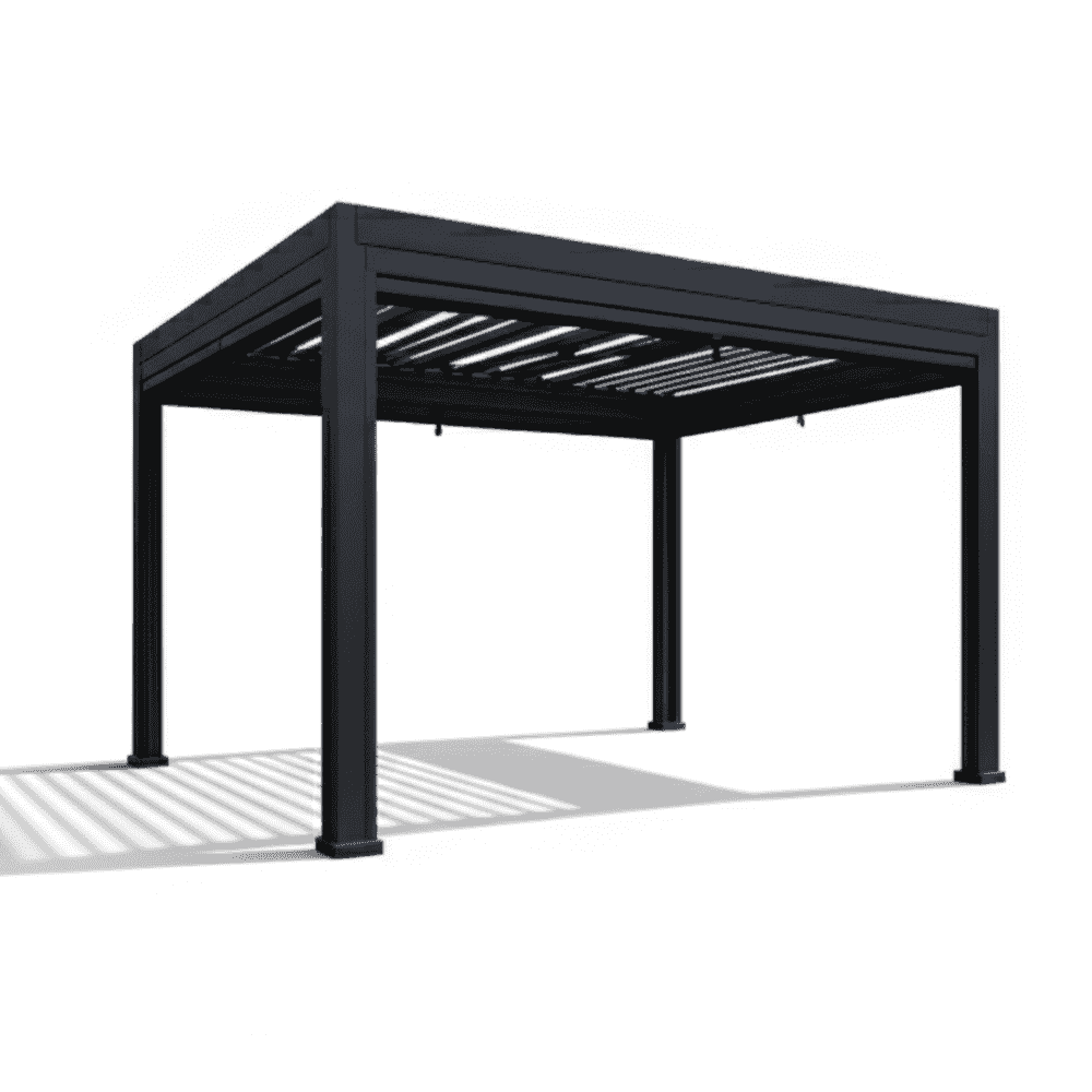luxury 3x4m grey pergola with wind-resistant roller blinds, showcasing durable frame and shaded area for outdoor comfort.