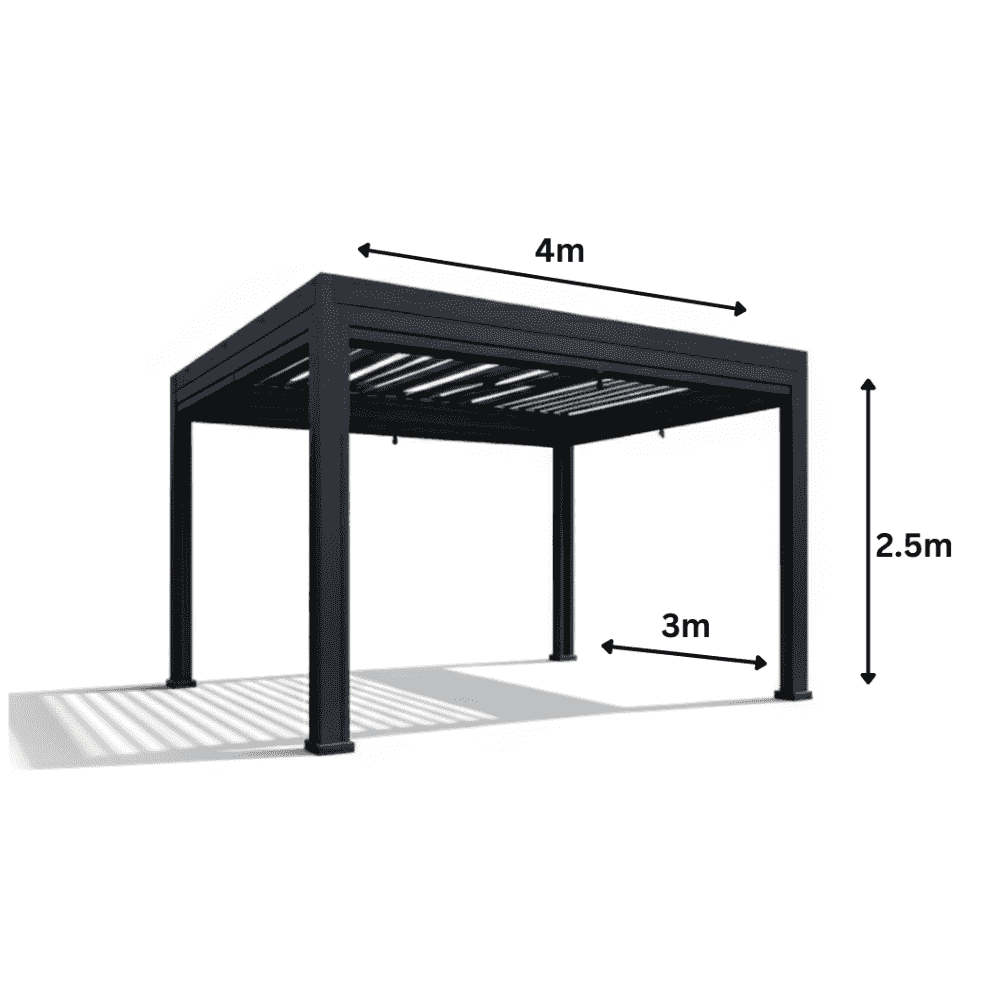 luxury 3x4m grey pergola with wind-resistant roller blinds, showcasing a stylish outdoor shade structure.